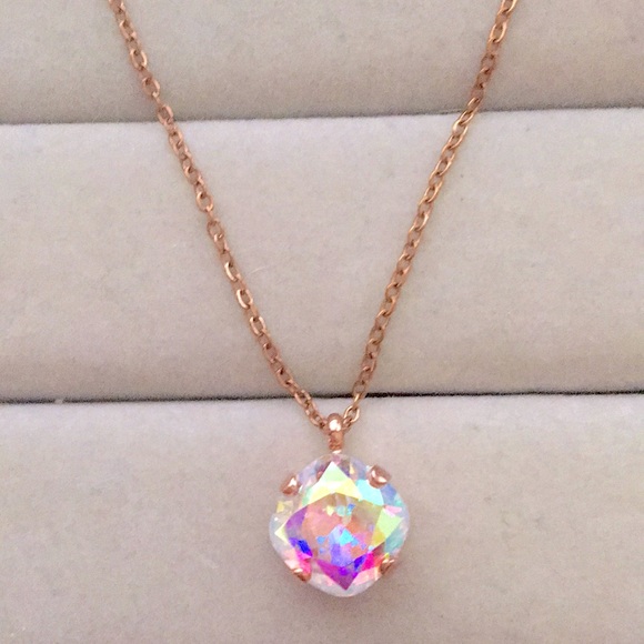 Aurora Borealis + Rose Gold Cushion Cut Crystal Drop Pendant Necklace - Picture 8 of 10